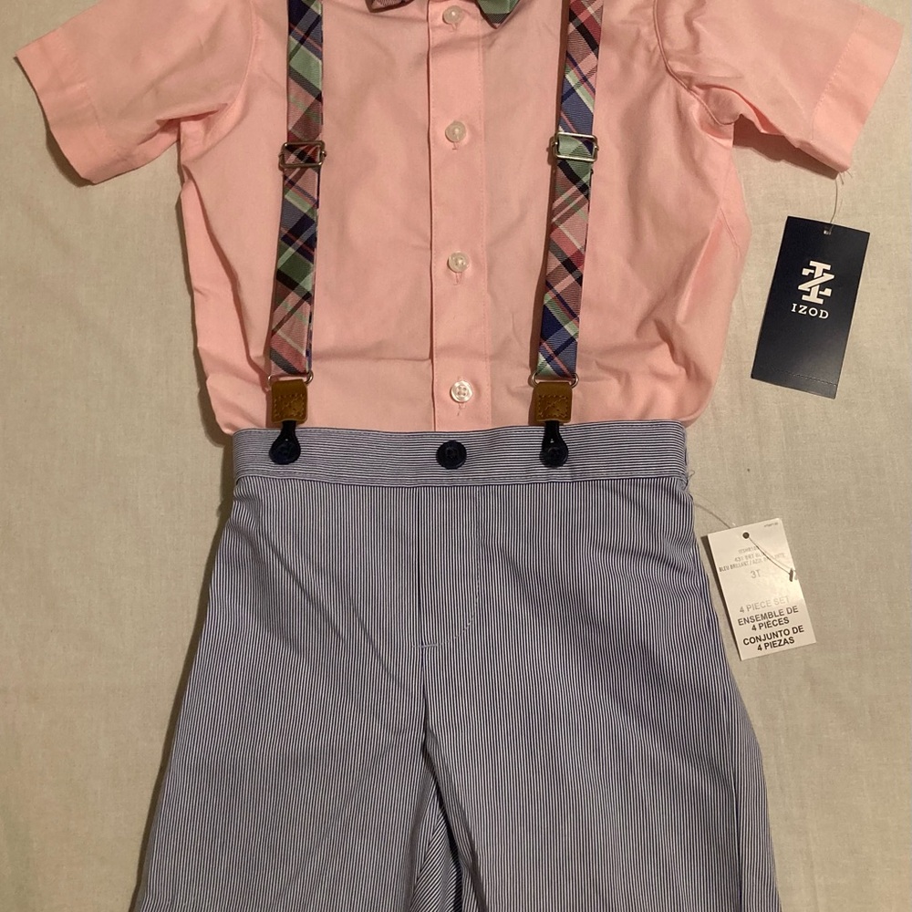 Izod Toddler Boy 4 Piece Set Shorts Shirt Suspenders Bow Tie Easter Wedding